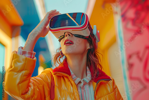 Very excited young casual woman using VR glasses, touching something invisible on flat color background  photo
