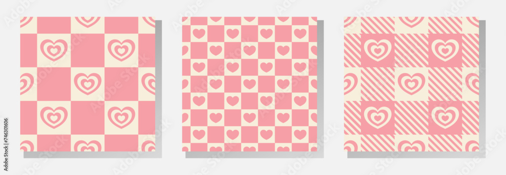 Pink and beige hearts on checkered background. Vector seamless patterns collection in soft retro pastel colors.