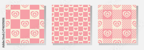 Pink and beige hearts on checkered background. Vector seamless patterns collection in soft retro pastel colors.
