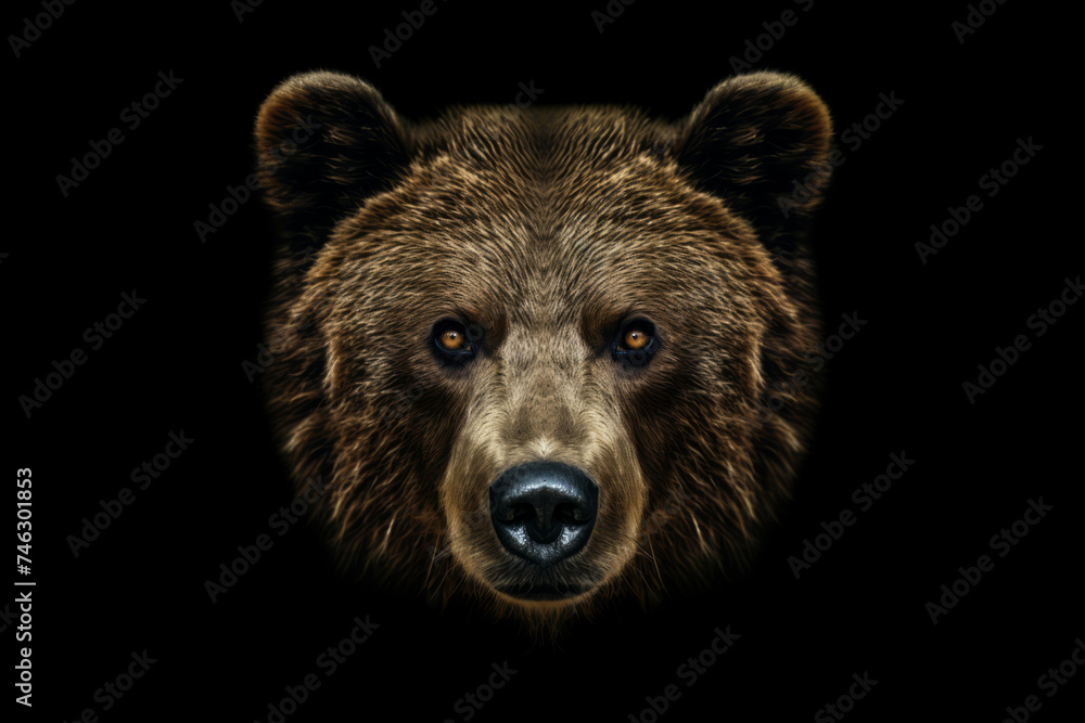 Portrait of a half bear on a black background. - obrazy, fototapety, plakaty 