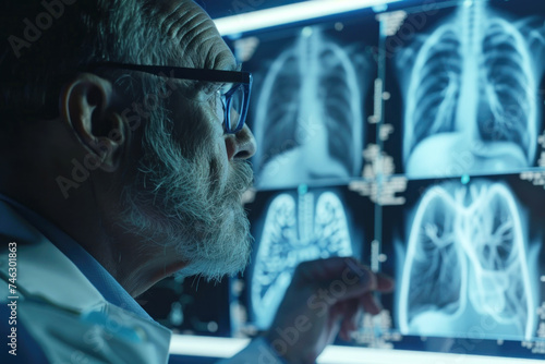 Doctor examine a lung X-ray on a screen, checking for signs of pneumonia, infection, or respiratory