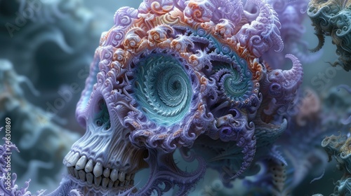 A purple skull with a large head and tentacles. Generative AI.