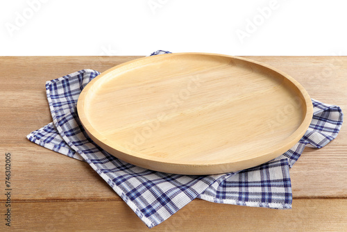 kitchen towel and empty wooden plate on the wooden table with clipping path.