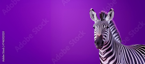 A closeup portrait shot of a zebra standing in front of a purple background.
