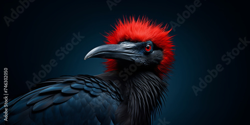 A closeup portrait shot of a bird with a feathered head wearing a crown of bright feathers.