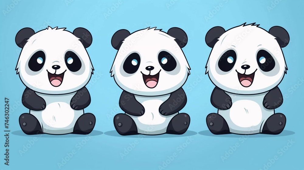 Fototapeta premium Set of three different cute pandas. Black and white colors. Colorful trendy Vector Illustration