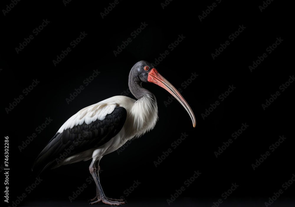 Obraz premium A black and white bird with a long beak standing in front of a black background.