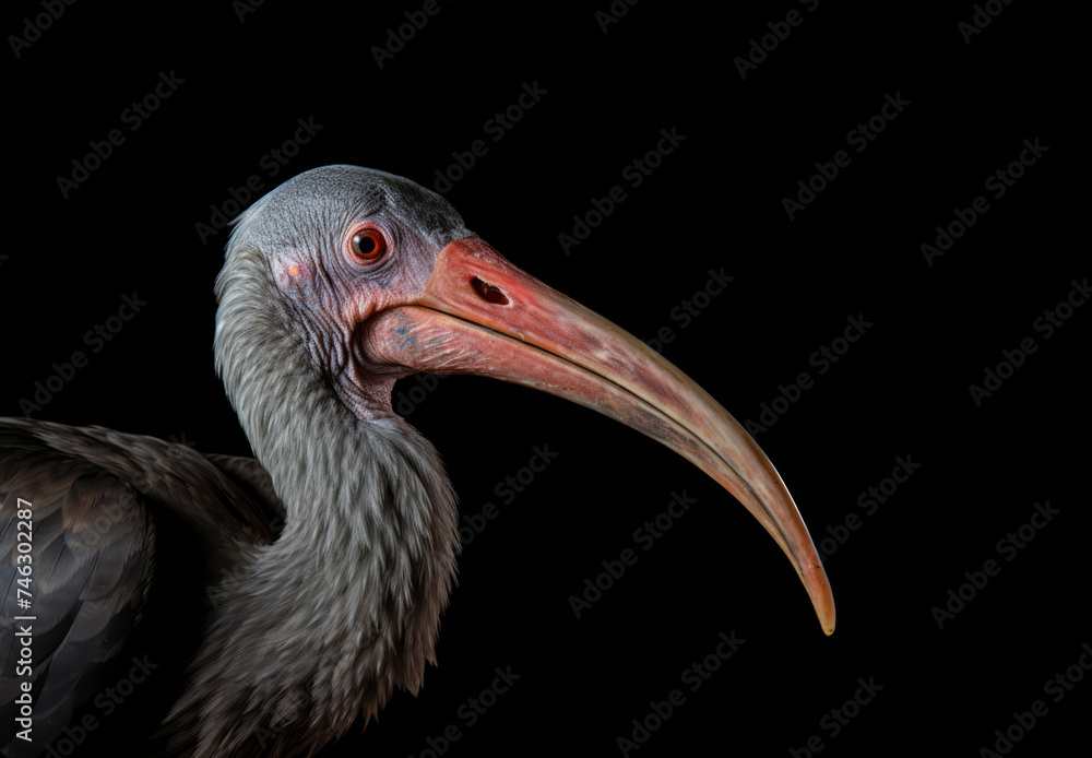 Fototapeta premium A portrait of a big bird with a long, big beak against a deep black background.
