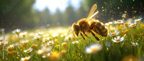 A bee is flying through a field of flowers. Generative AI.