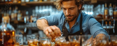 A man is making whiskey in a bar. Generative AI.