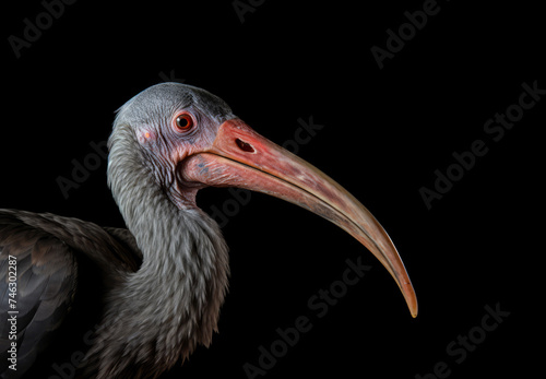 A portrait of a big bird with a long, big beak against a deep black background.