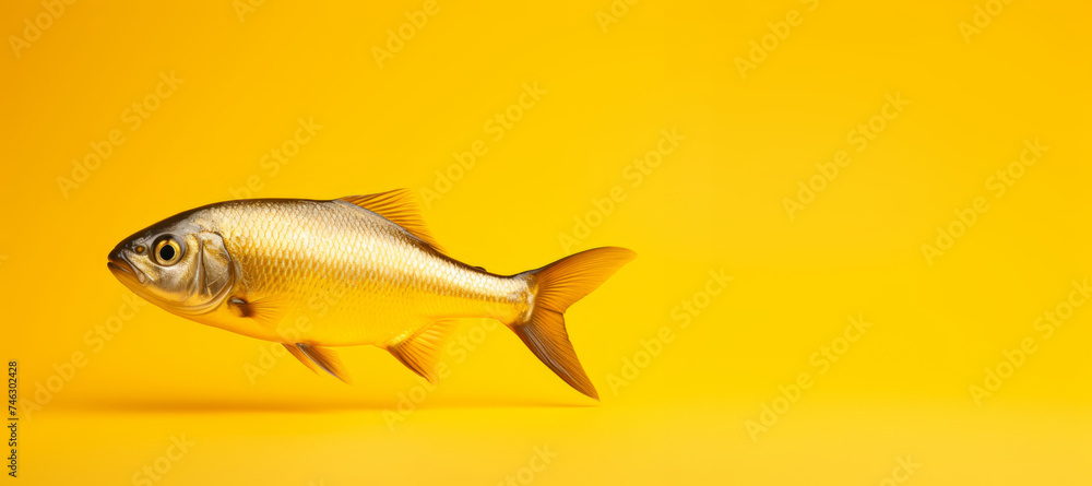 Fototapeta premium A golden fish in water on a yellow background in front of an orange background.