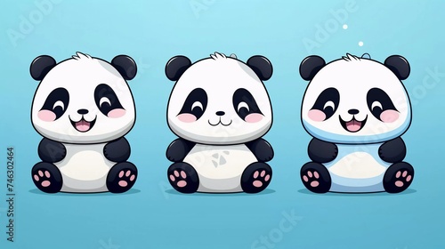 Set of three different cute pandas. Black and white colors. Colorful trendy Vector Illustration