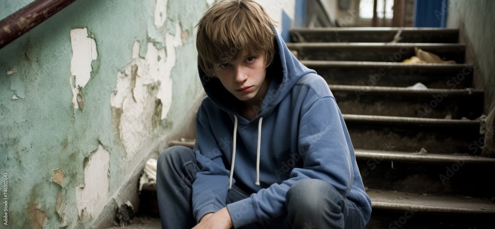 A portrait of a teenage boy, a young man sitting on the steps of a building.