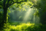 old oak tree foliage in morning light with sunlight, Scenic forest of fresh green deciduous trees framed by leaves,, vibrant green foliage, panoramic view, Maple tree with sunbeams, Generative Ai