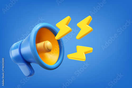 Blue bullhorn with yellow bolts. Announcement concept. Vector 3d illustration
