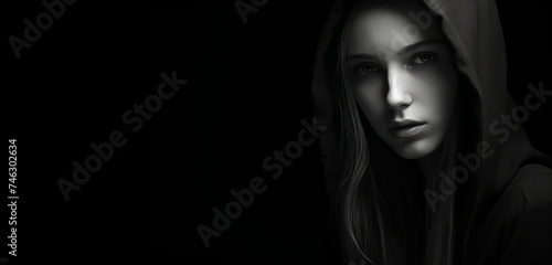 A mysterious woman, a cloaked woman, a black and white photo of a girl wearing a hoodie.