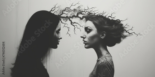 A black and white artwork of a couple of women standing next to each other, facing each other.