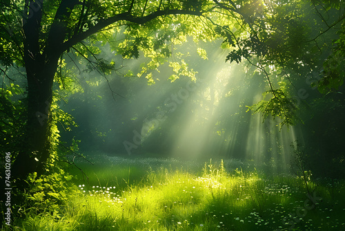 old oak tree foliage in morning light with sunlight, Scenic forest of fresh green deciduous trees framed by leaves,, vibrant green foliage, panoramic view, Maple tree with sunbeams, Generative Ai