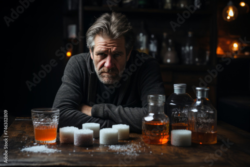 A sad man, a portrait of an alcoholic, sitting at a table with a lot of sugar cubes and bottles of alcohol next to him.