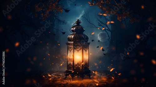 Lantern in the forest at night. Halloween concept. Selective focus