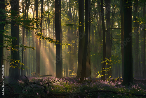 old oak tree foliage in morning light with sunlight, Scenic forest of fresh green deciduous trees framed by leaves,, vibrant green foliage, panoramic view, Maple tree with sunbeams, Generative Ai