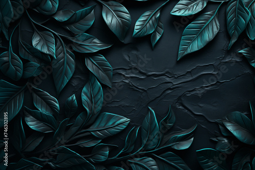 Dark green leaves on a black background, a dark nature background. © Duka Mer