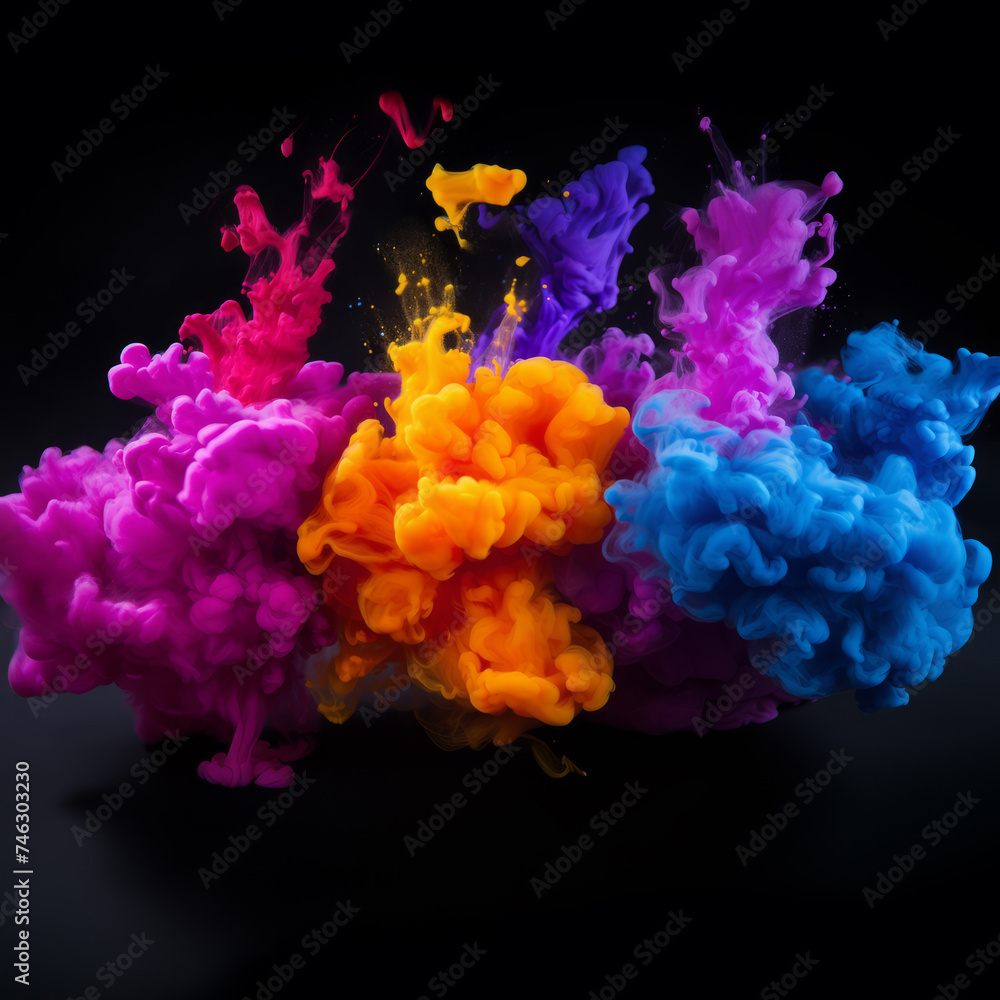 An explosion of colors, a group of colored inks are in the air.