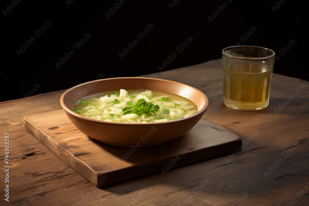 A realistic photo of delicious pho, a bowl of soup sitting on top of a wooden cutting board.