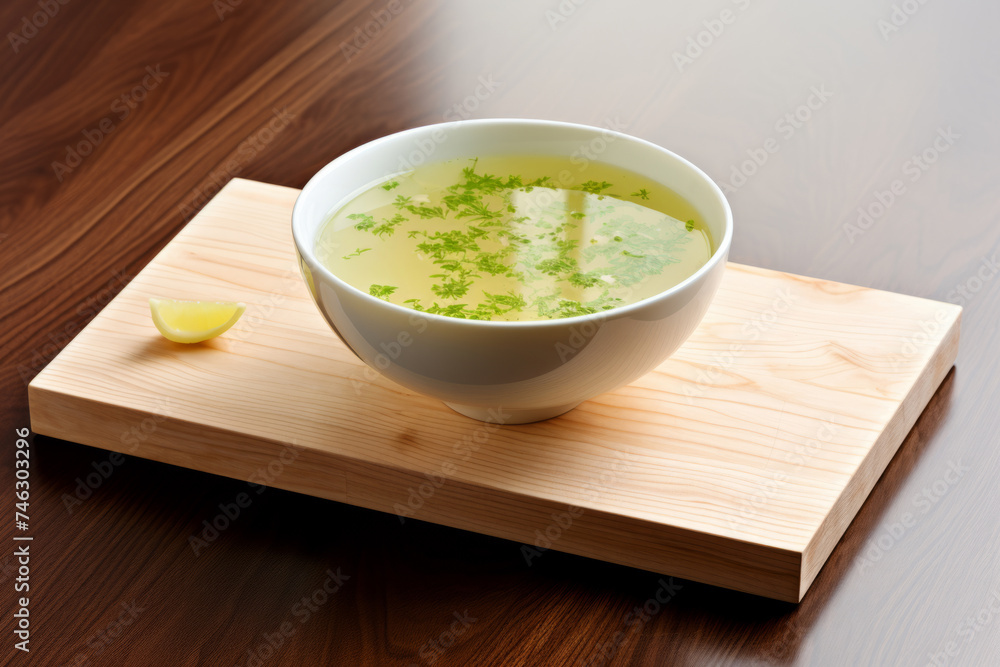 A healthy bowl of soup sitting on top of a wooden cutting board. A healthy bowl of soup sitting on top of a wooden cutting board.