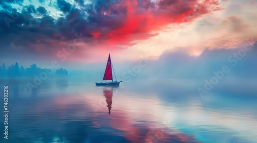 Serene sailboat on a misty lake at sunrise. calm and colorful scene, ideal for relaxation and backgrounds. AI