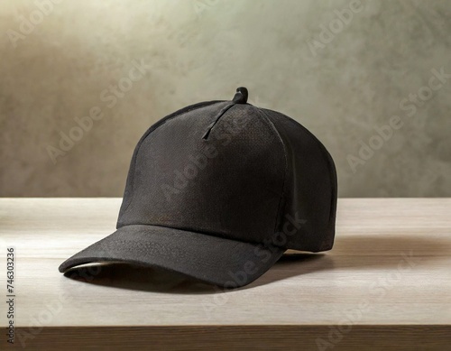 Black cap mock up on table wooden grey background in mockup for design