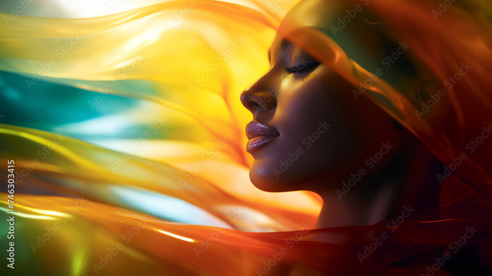 A woman with her hair blowing in the wind, glowing with colored light, flowing backlit hair, silk flowing in wind.