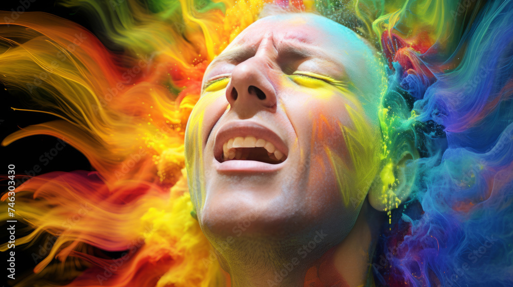 A woman crying rainbow paint, a person with colorful hair, closeup of face melting in agony, screaming in agony.