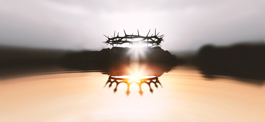 The crown of thorns symbolizing the suffering and trials of Jesus Christ and the crown of heaven reflected in the water, Passion Week and Easter background
