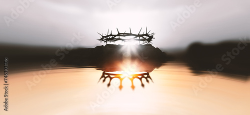 The crown of thorns symbolizing the suffering and trials of Jesus Christ and the crown of heaven reflected in the water, Passion Week and Easter background
 photo