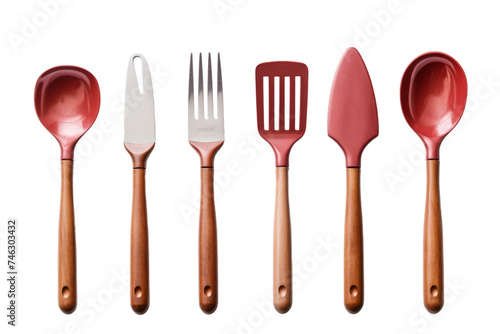 A collection of kitchen utensils featuring wooden handles and spoons. The set includes various utensils such as spatulas, serving spoons, and ladles. On PNG Transparent Clear Background.