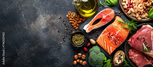 A top view photograph showcasing a variety of nutritious keto diet food items, such as salmon steak, beef, beans, nuts, vegetables, and olive oil, meticulously arranged on a black stone table.