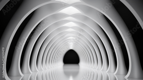 A black and white photo of a futuristic hall, a tunnel, claustrophobic and futuristic, convoluted halls. photo