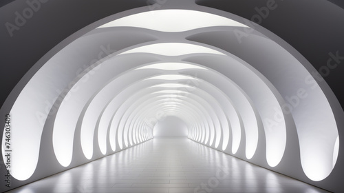 A long white tunnel with a light at the end, futuristic hall, infinite hallway, claustrophobic and futuristic. photo
