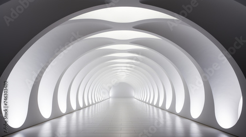 A long white tunnel with a light at the end, futuristic hall, infinite hallway, claustrophobic and futuristic.