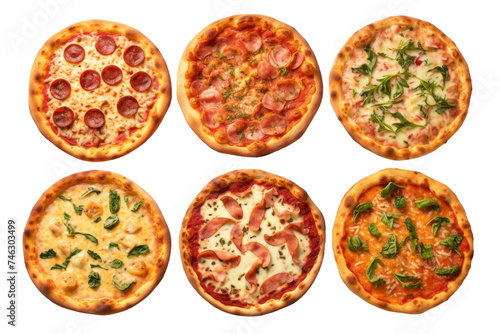 six pizzas with different toppings. Each pizza features a unique combination of ingredients including cheese, pepperoni, mushrooms, peppers, onions, and olives. On PNG Transparent Clear Background.