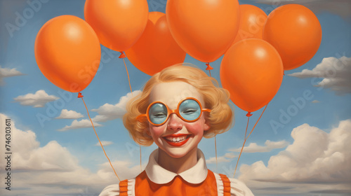 A painting of a woman holding orange balloons.