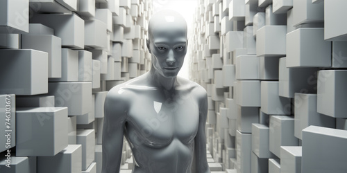 A detailed humanoid, a white mannequin standing in a room full of boxes, an integrated synthetic android, a portrait of a male humanoid.