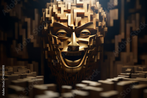 A sculpture of a person's face, a tortured face made of wood, a sculpture made of gold. photo
