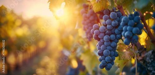 Grapes on the vine at sunset. Generative AI.