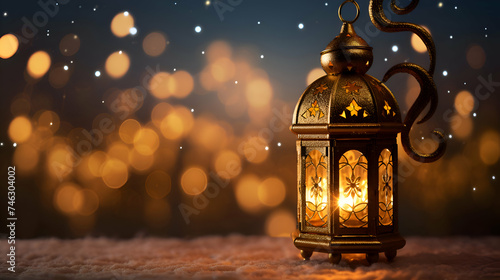 Lantern on snow and bokeh background. Ramadan Kareem greeting card.