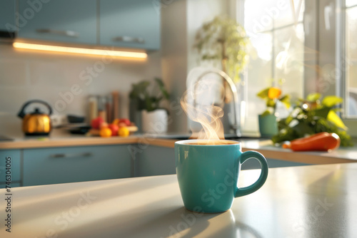 Hot coffee mug on a counter in kitchen room