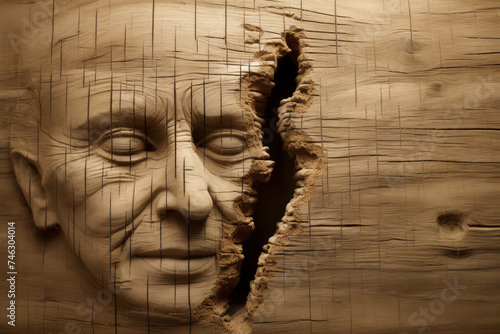 A sculpture made of wood, a tortured face of a man carved in wood. photo