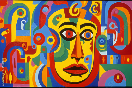 A brightly colored oil on canvas painting of a person's face in orphism style, an abstract face.